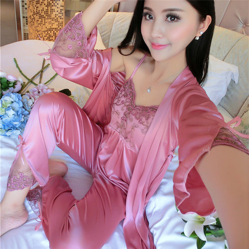Silk Satin Women's Summer Pajama Set with Robe (3 Pieces)