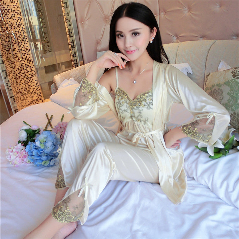 Silk Satin Women's Summer Pajama Set with Robe (3 Pieces)