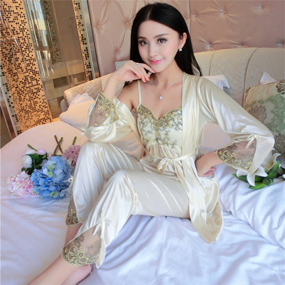 Silk Satin Women's Summer Pajama Set with Robe (3 Pieces)